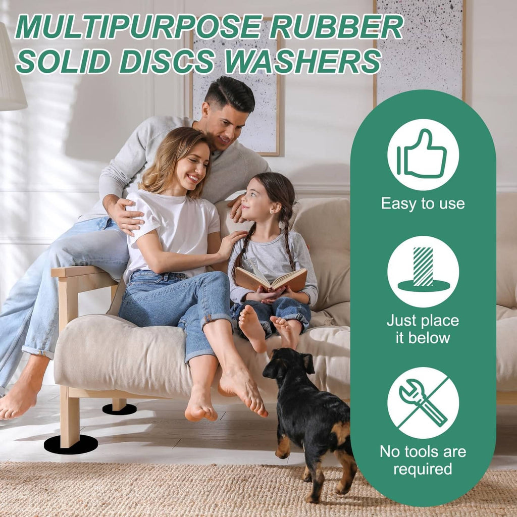 Black round rubber furniture pads placed under furniture legs for stability