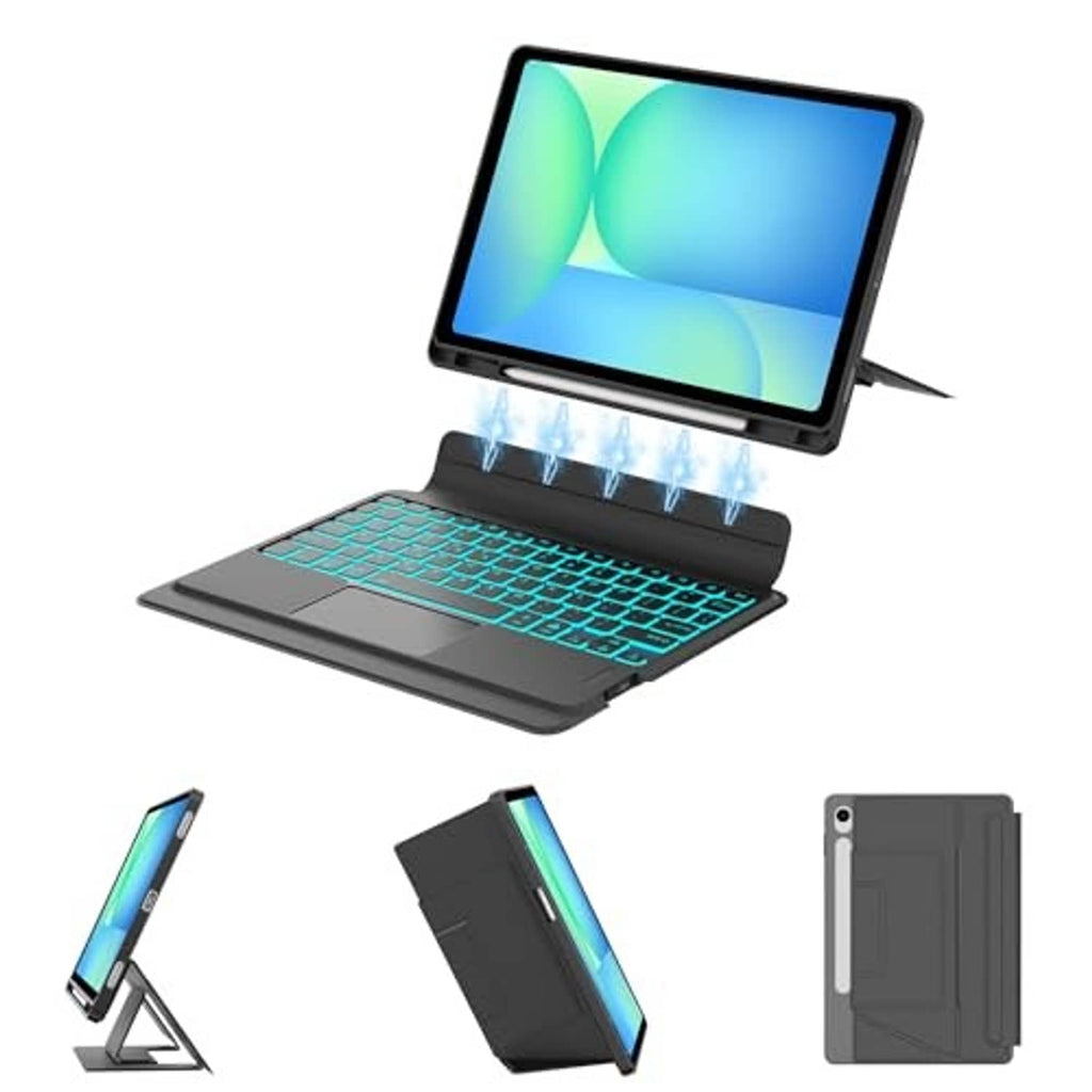 Black keyboard case for tablet with teal backlit keyboard and large touchpad, side view