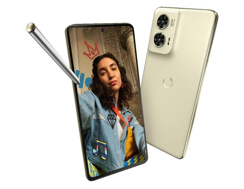 Slim silver stylus pen angled next to a gold smartphone