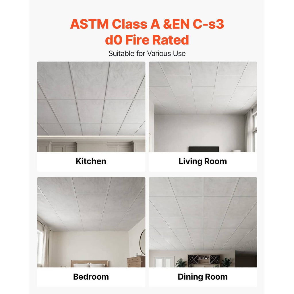 White marble ceiling tiles installed in room scenes on a grid ceiling