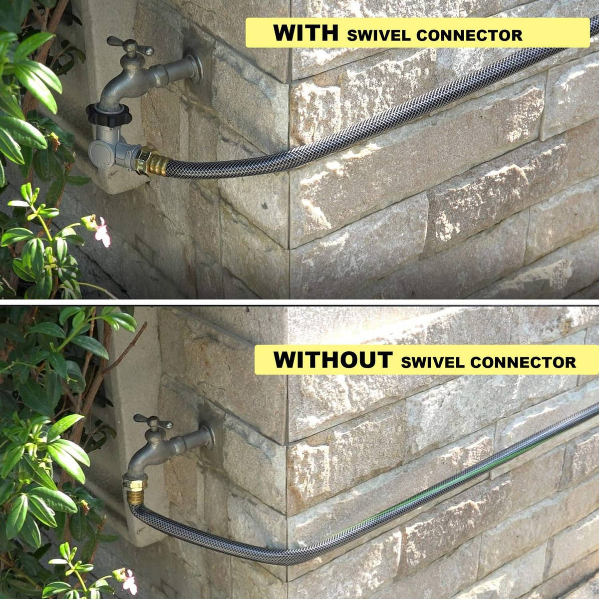 Outdoor faucet comparison: swivel hose connector vs non-swivel connector with hose