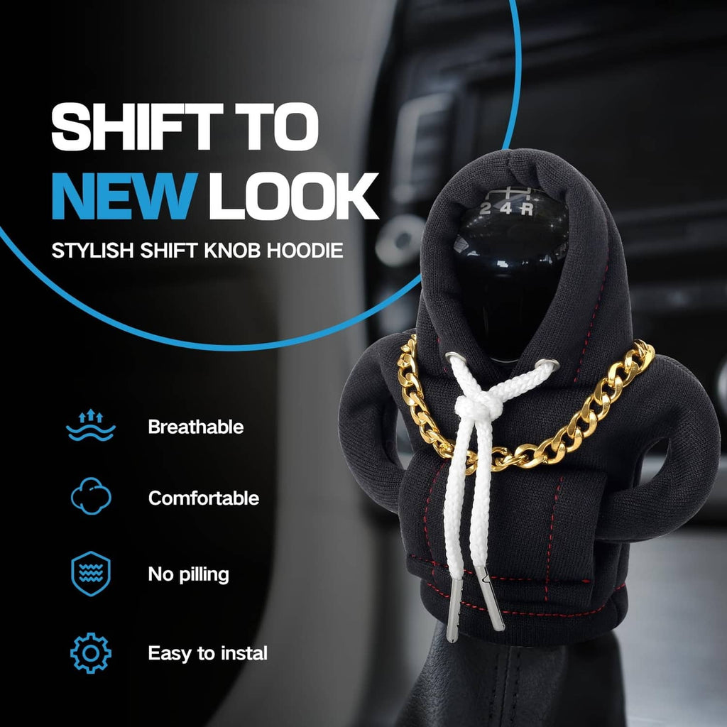 Black gear shift knob hoodie cover with open hood, gold chain necklace, white lace cords