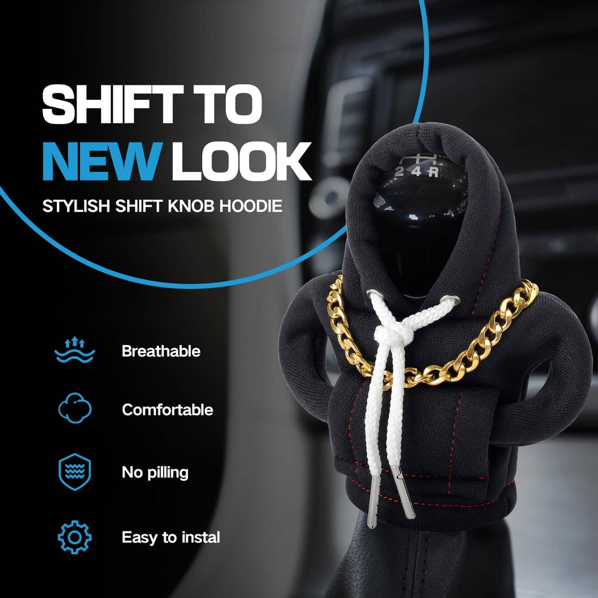 Black gear shift knob hoodie cover with open hood, gold chain necklace, white lace cords