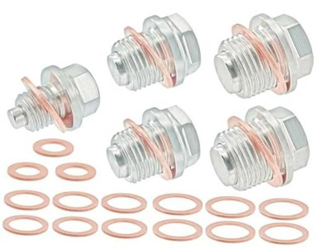 Stainless steel magnetic engine drain plug set with copper washers, M12/M16/M18