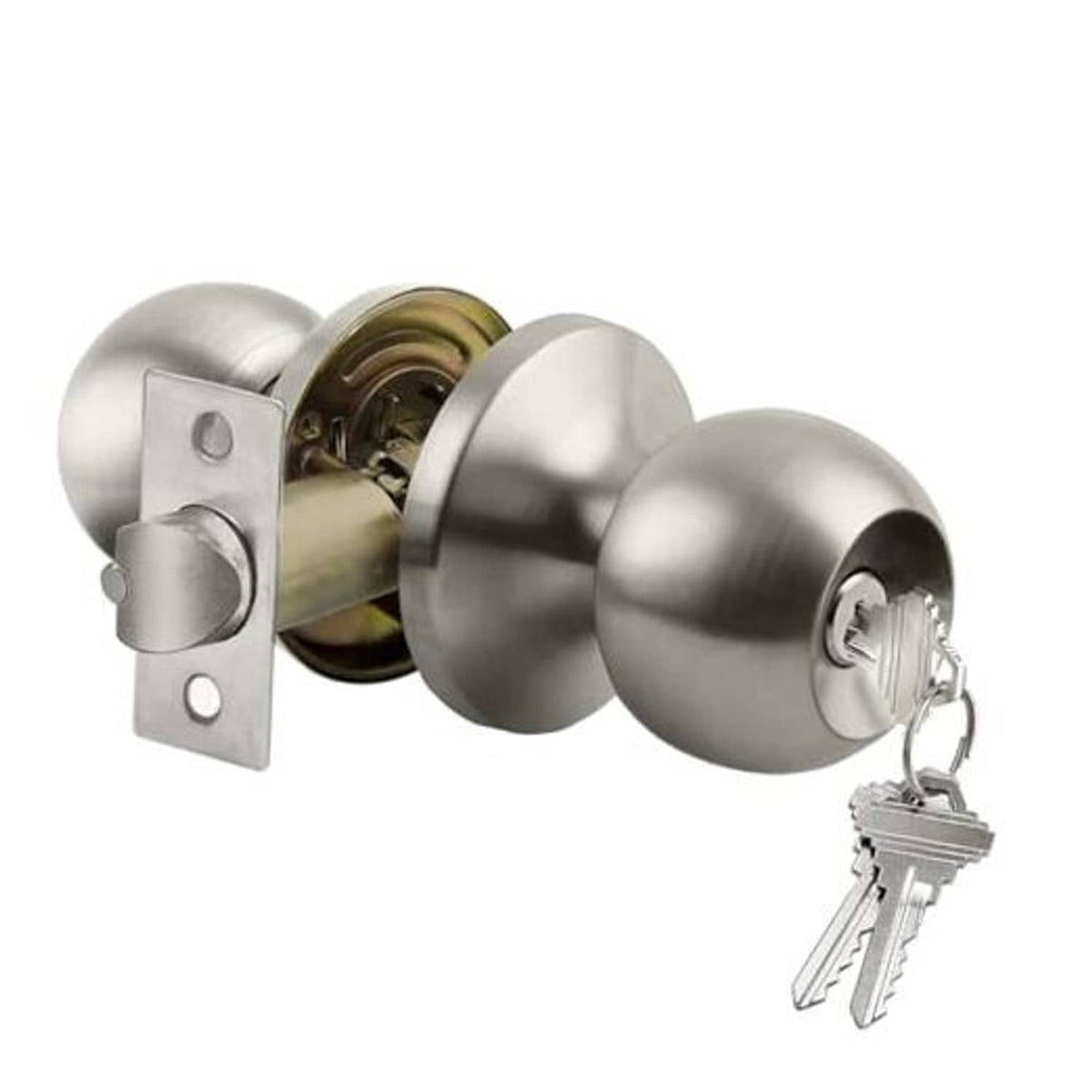 Satin nickel keyed entry door knob and lockset with two keys