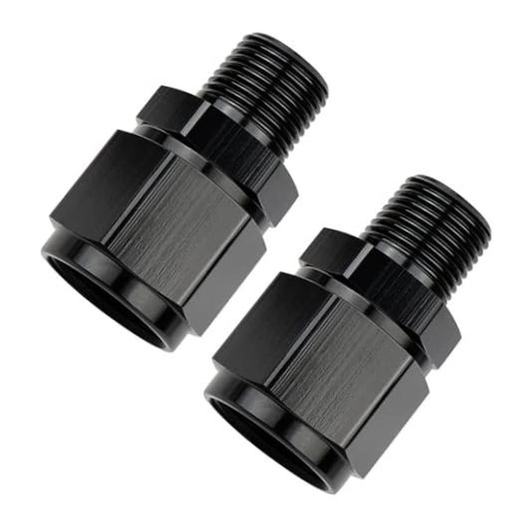 Aluminum 10AN to 3/8 NPT male swivel fitting, black finish, angled close-up