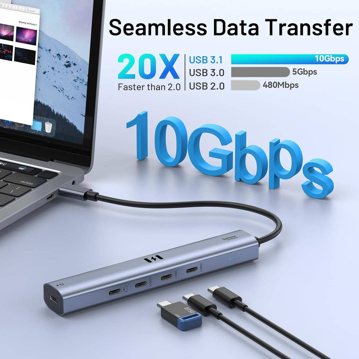 USB-C hub with side ports and 10Gbps transfer labeling on connected cables