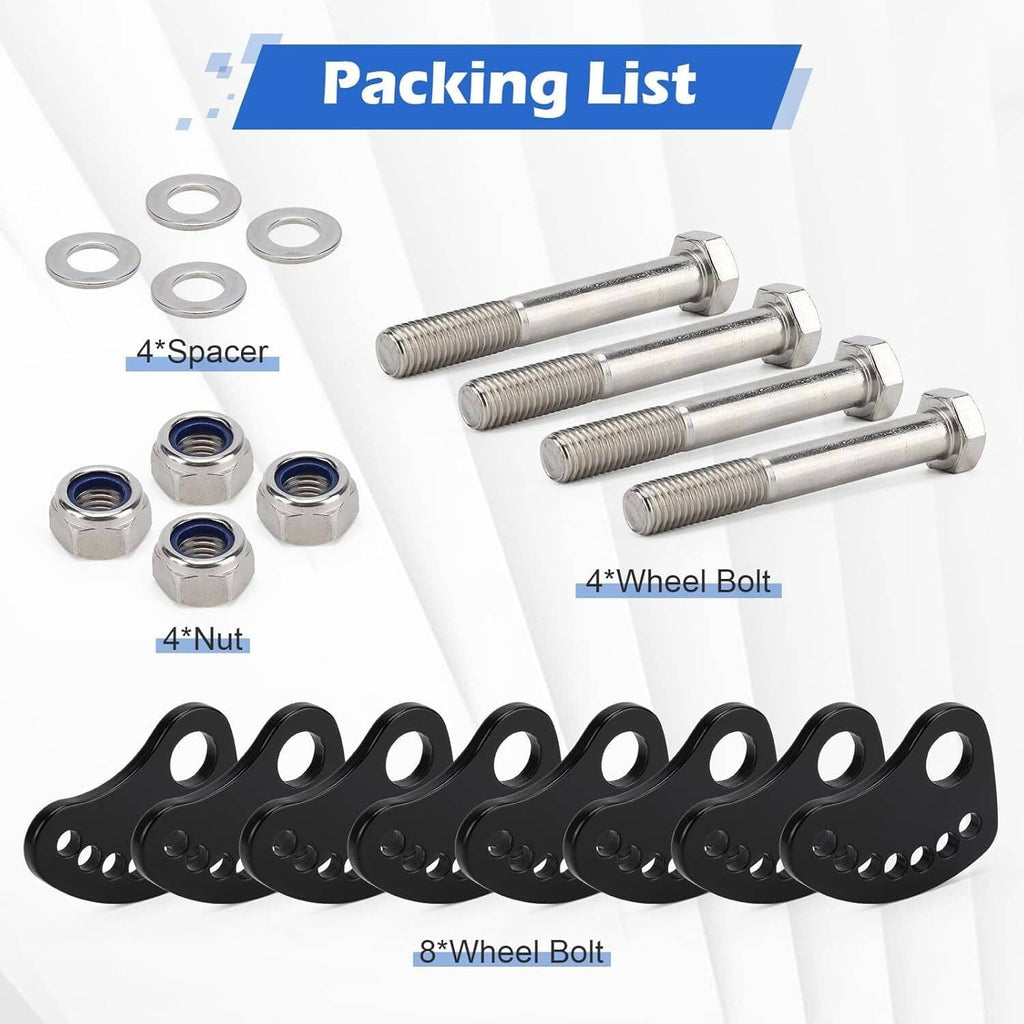 Cam bolt kit components: silver bolts, nuts, washers, and black multi-hole cam plates