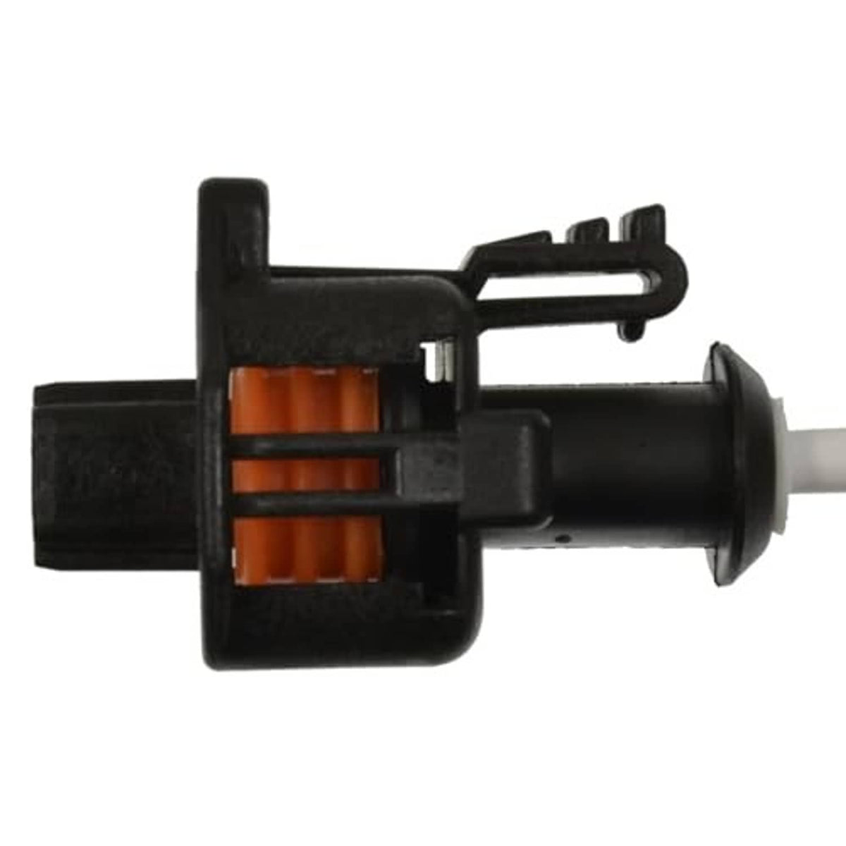 Fuel injector wiring pigtail connector, black housing with orange insert, gray lead wires