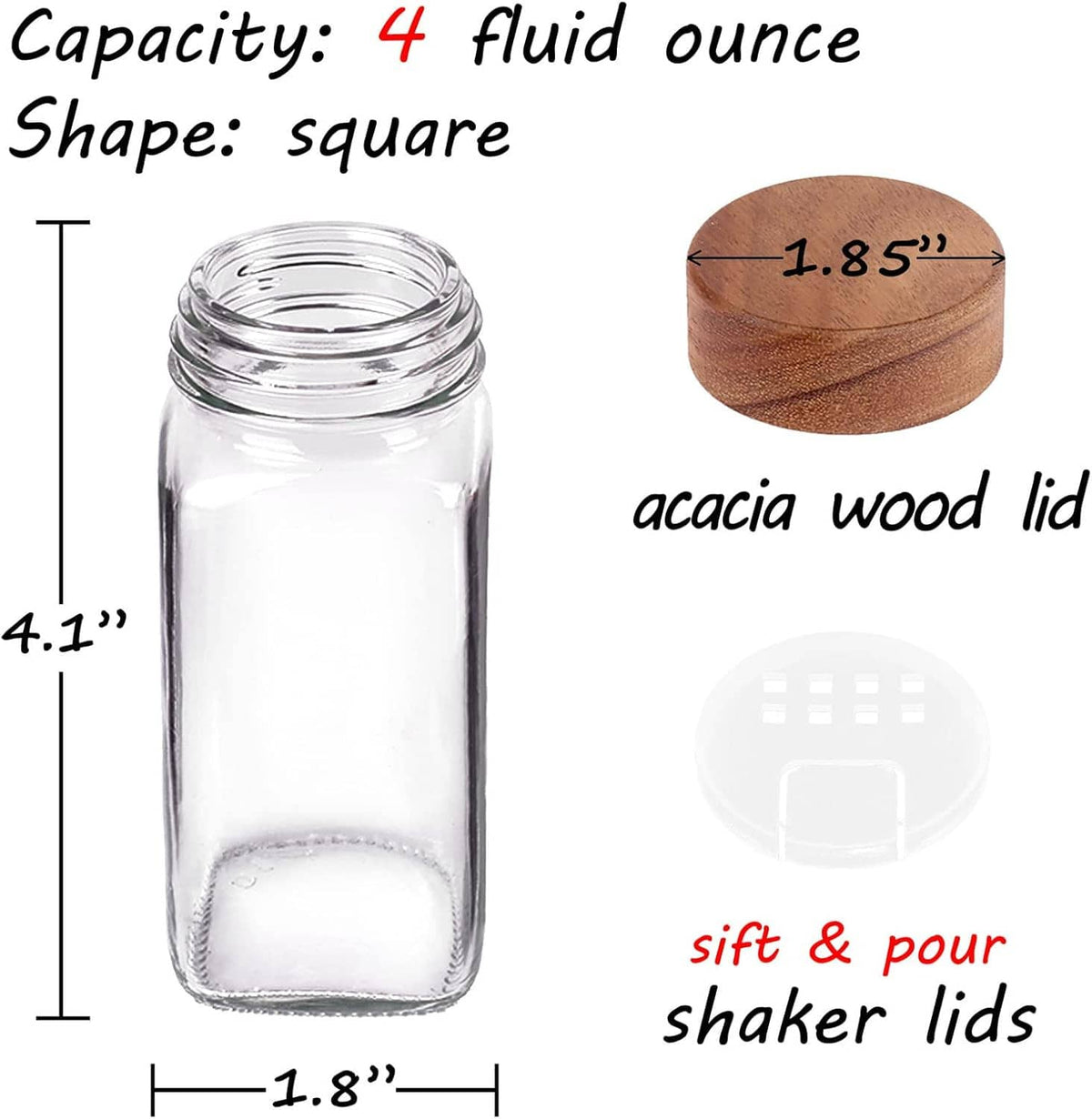 Square glass spice jar with acacia wood lid, 4 oz measurement diagram