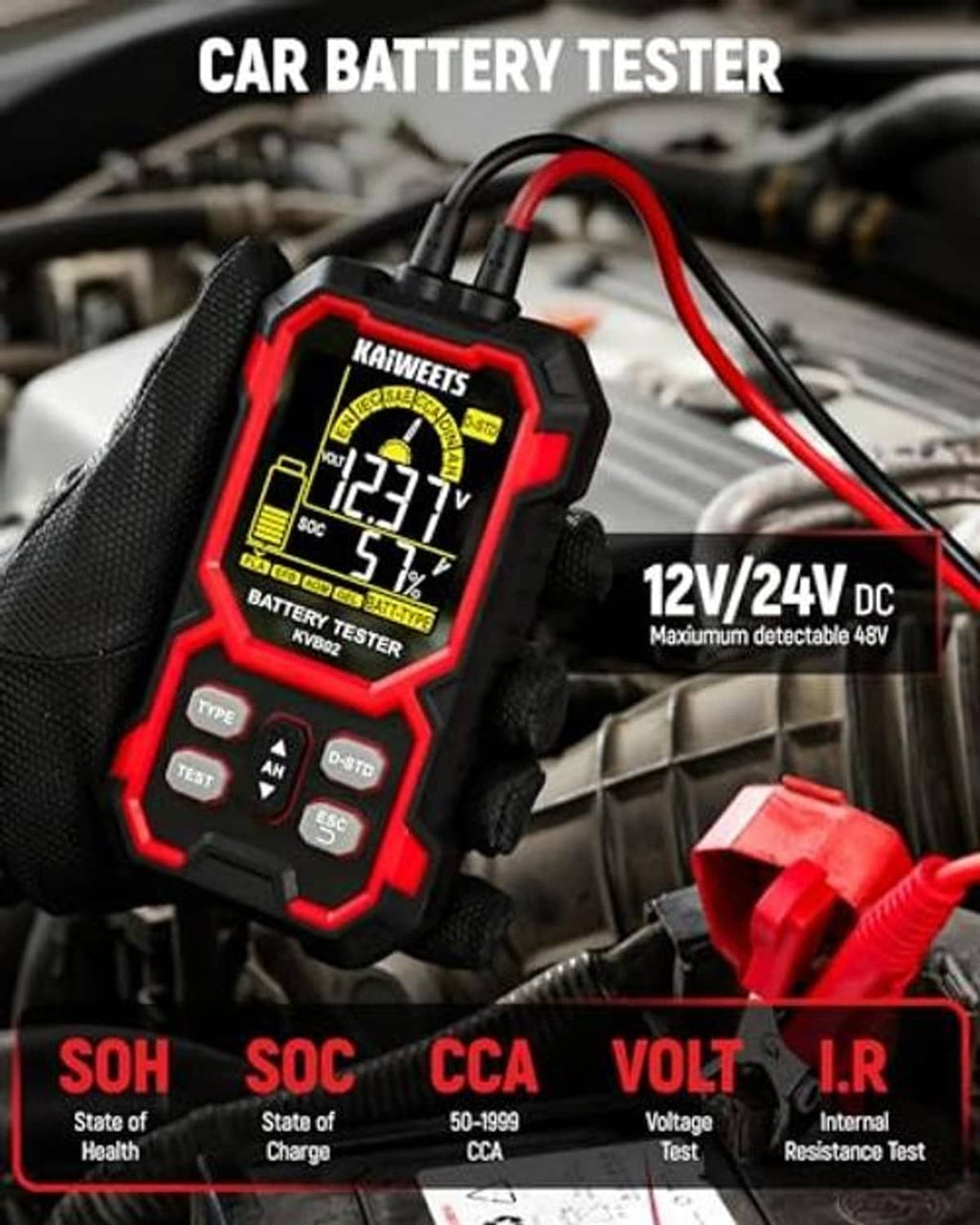 Handheld car battery tester with LCD showing voltage and CCA, red-and-black case