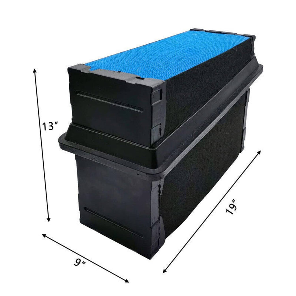 Engine air filter with blue pleated media in black housing, size diagram view