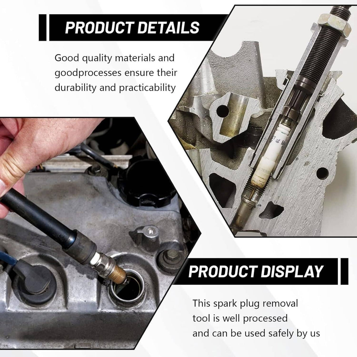 Spark plug removal tool used on an engine, with black handle and metal fittings