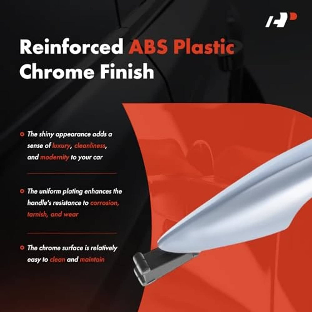 Front right exterior door handle with chrome finish, molded plastic housing