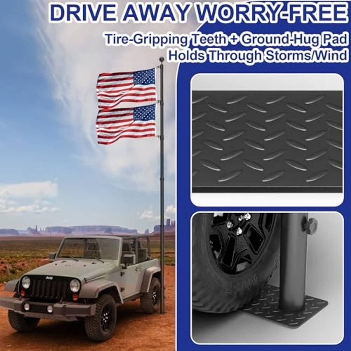 Flagpole tire mount with diamond-plate base and side clamps holding flags