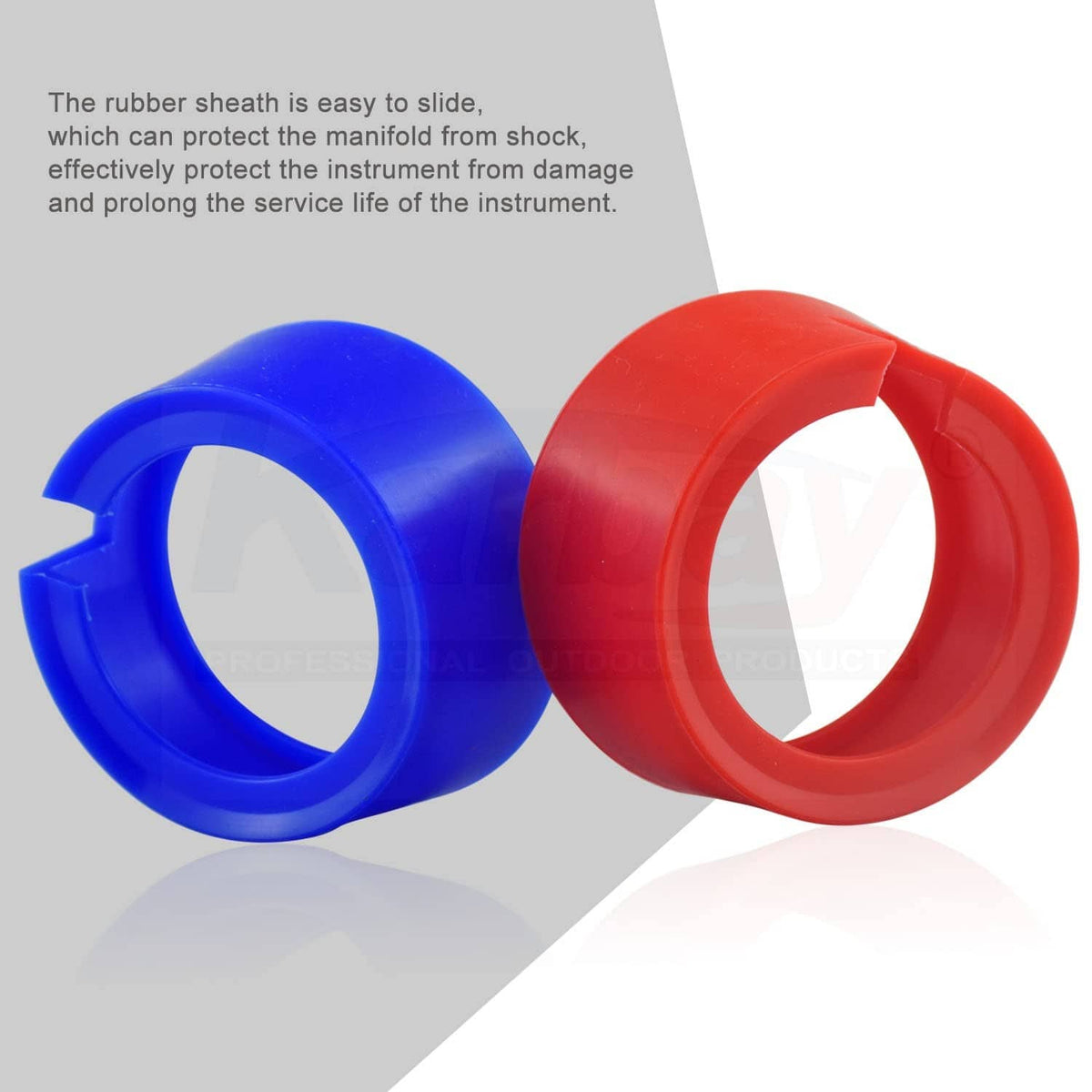 Angled blue and red rubber gauge boot covers with open centers