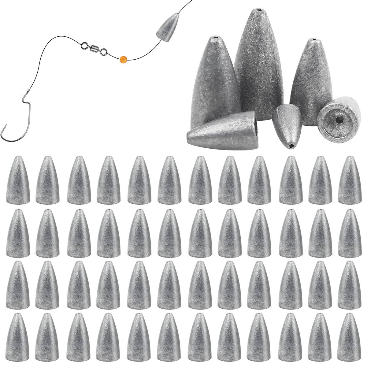Bullet fishing sinkers, metallic gray lead bullets with round attachment holes