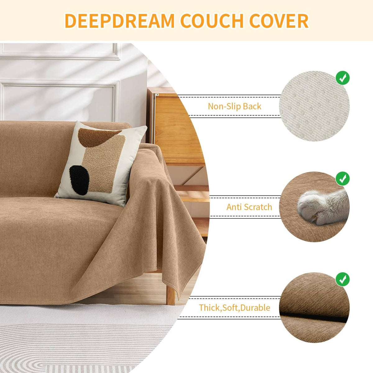 Brown couch cover with non-slip back and anti-scratch fabric protection