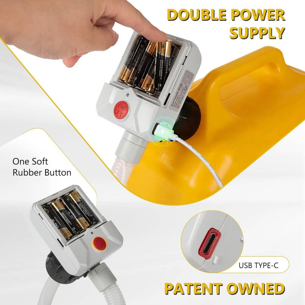 Portable fuel transfer pump with red switch over yellow fuel can and power cables