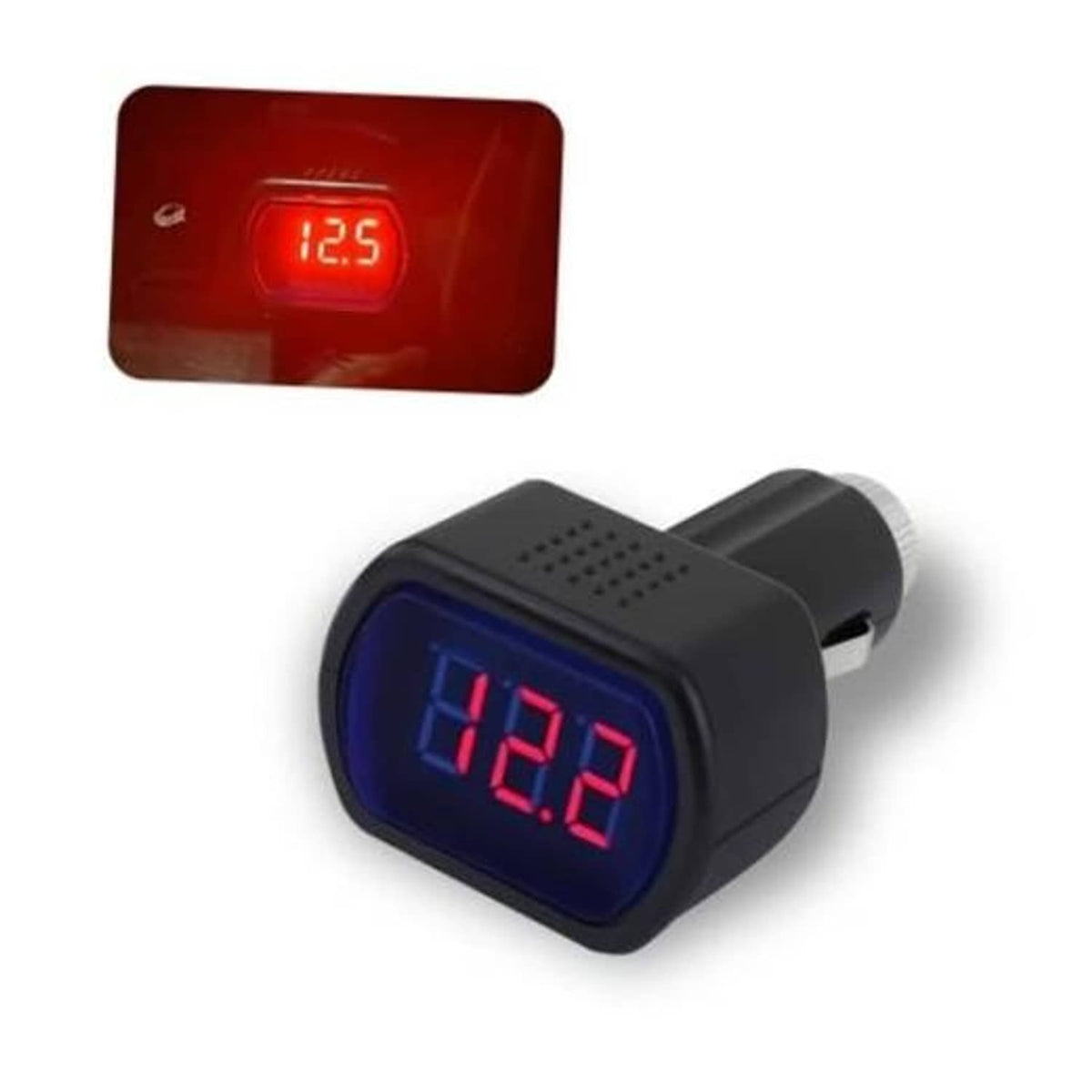 Car cigarette lighter voltage meter with black body and blue LED digital display