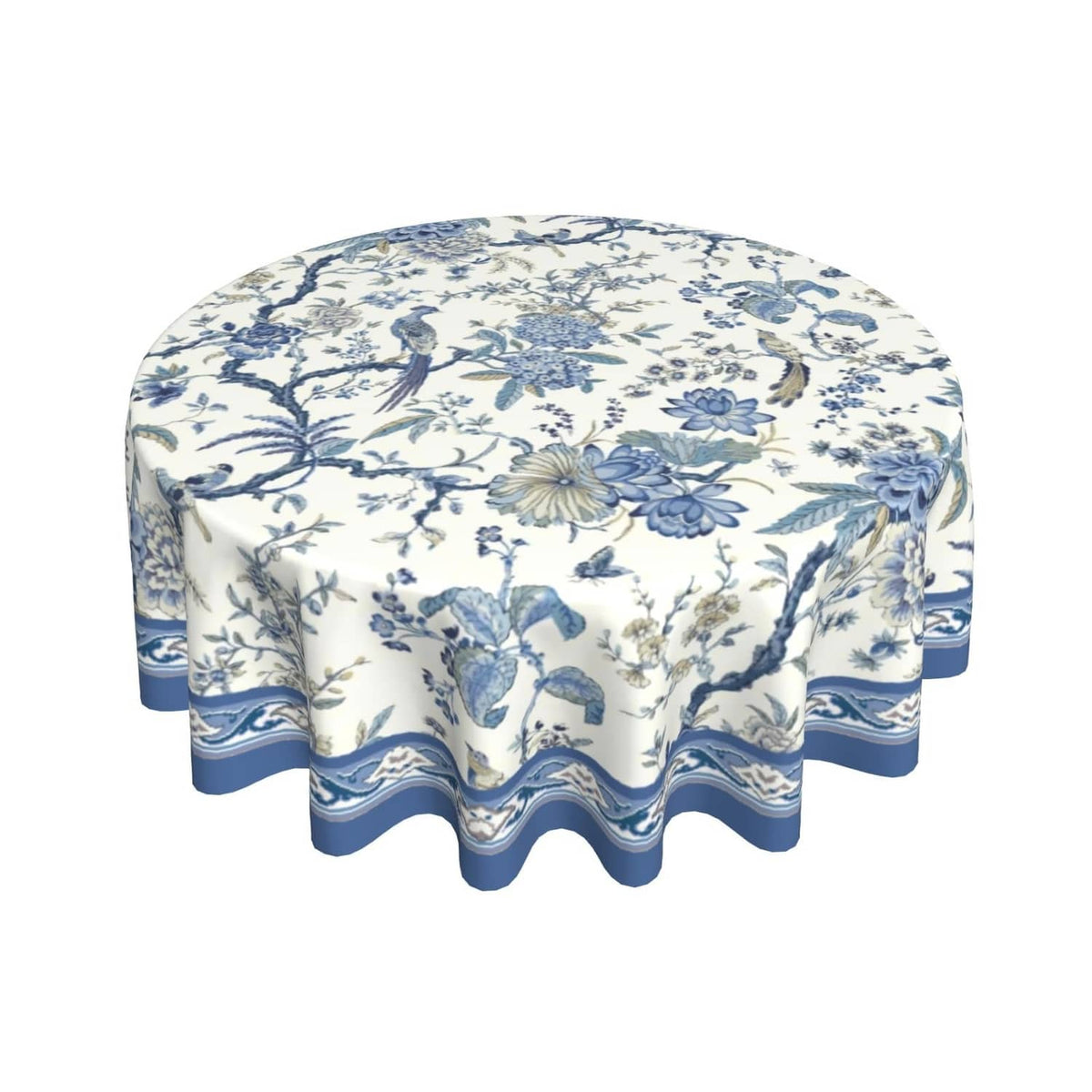 Round blue-and-white chinoiserie tablecloth with birds, flowers, and wave border