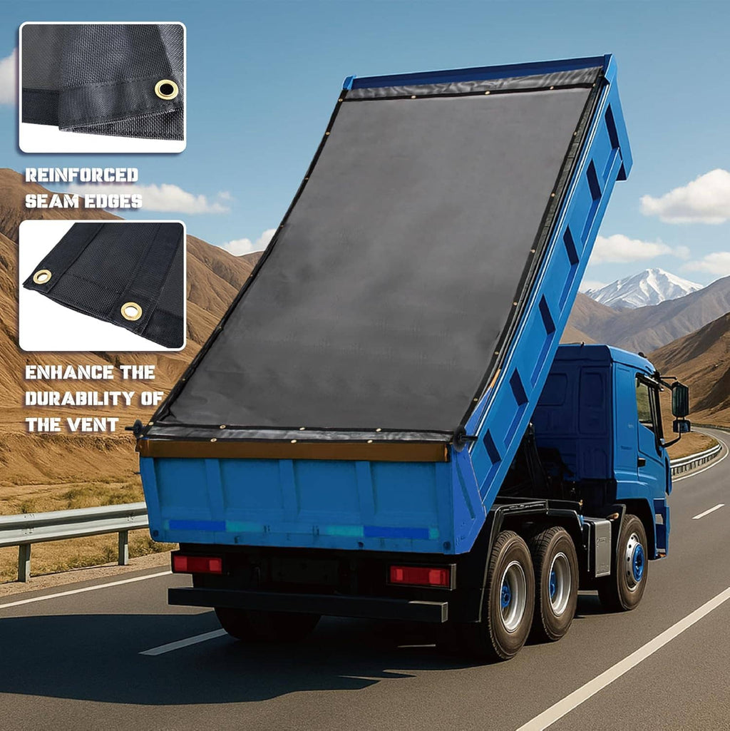 Black mesh dump truck tarp with reinforced edges fitted over the bed opening