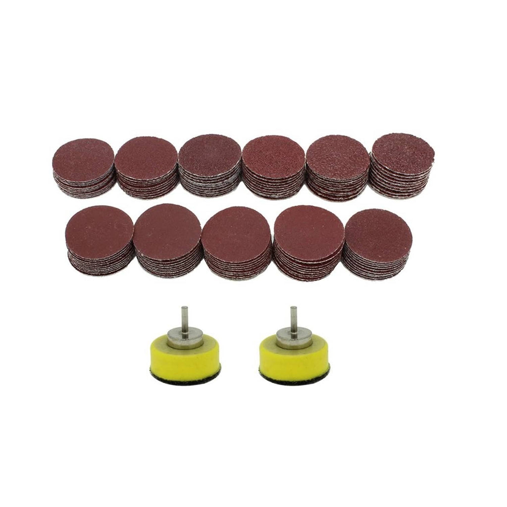 Sanding disc pack of brown 1-inch circles with two mandrels, ready for attachment