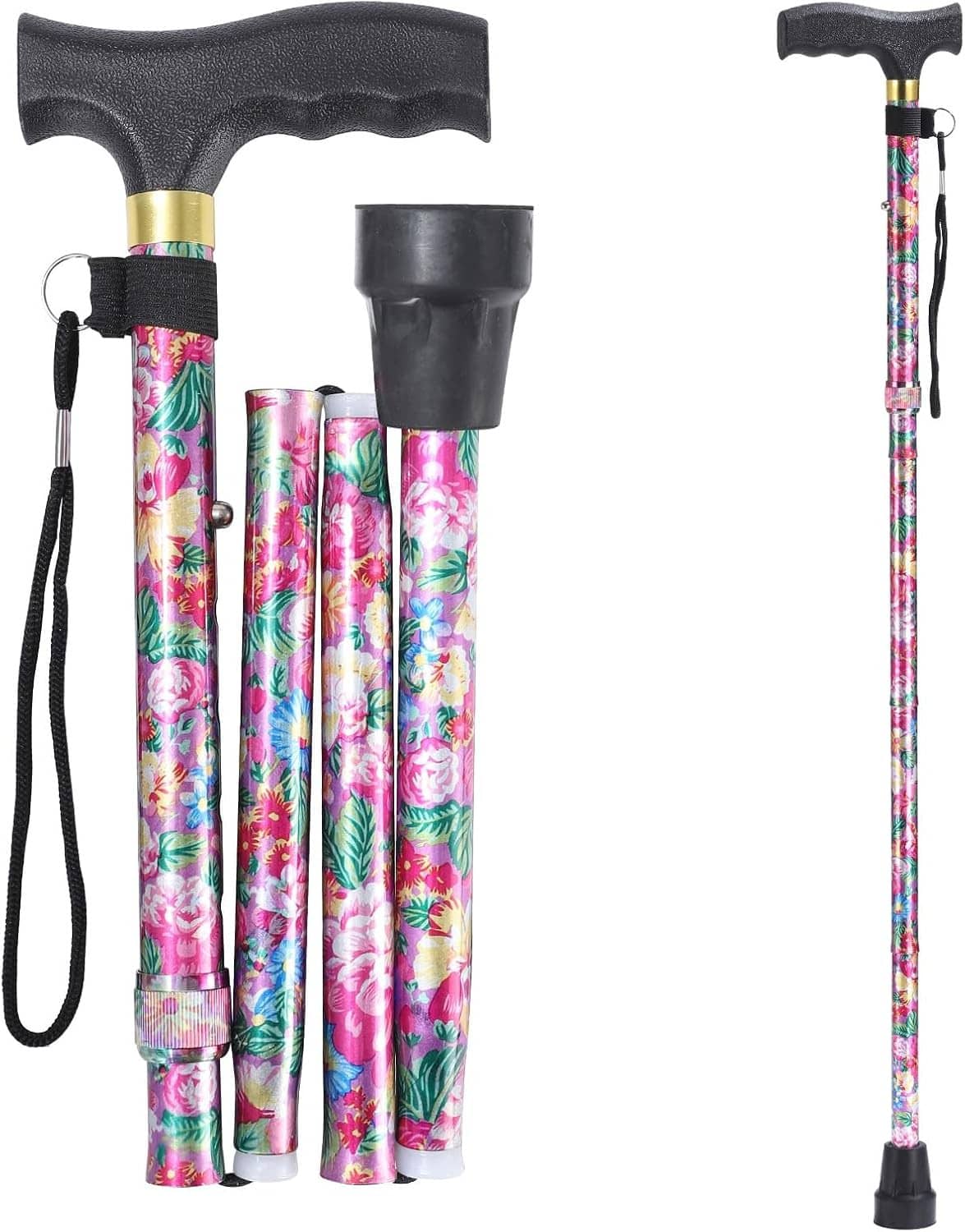 Floral folding walking cane with black handle, wrist strap, and bundled height-adjustment sections