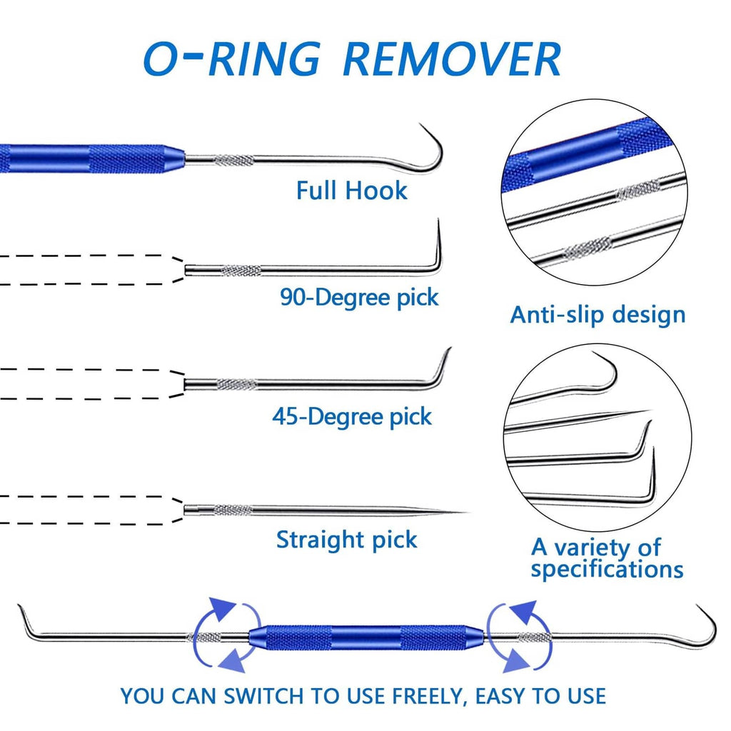 O-ring remover pick set with straight, 45-degree and 90-degree hooks
