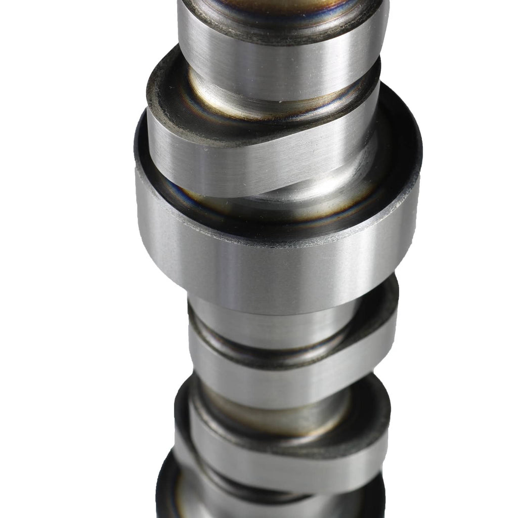 Engine camshaft with stepped metal lobes and dark bearing surfaces