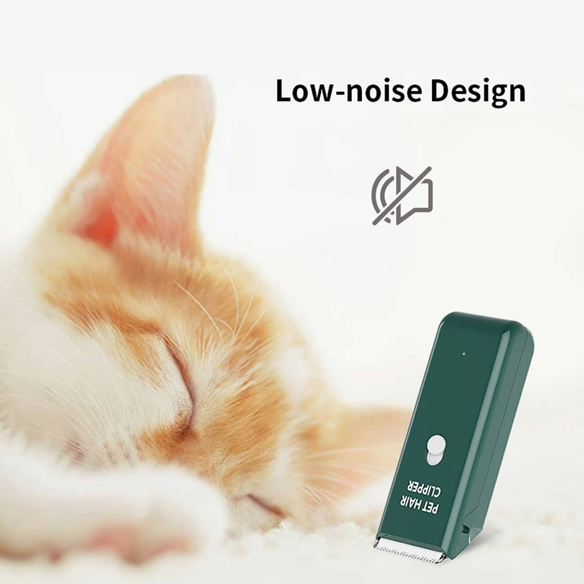 Green pet hair clipper beside a cat on fur, low-noise icon shown