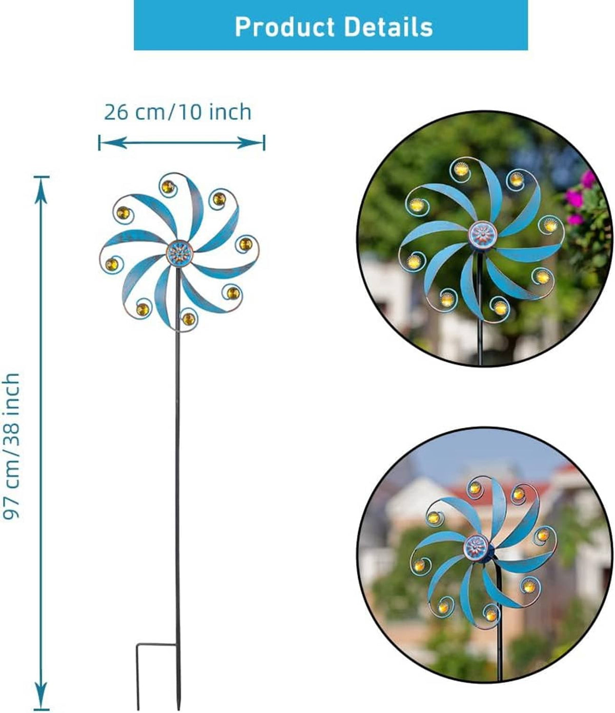 Metal wind spinner details: 26 cm wide, 97 cm tall; blue blades with jeweled center.