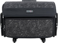 Rolling sewing machine storage case, black patterned front with wheels and top handle