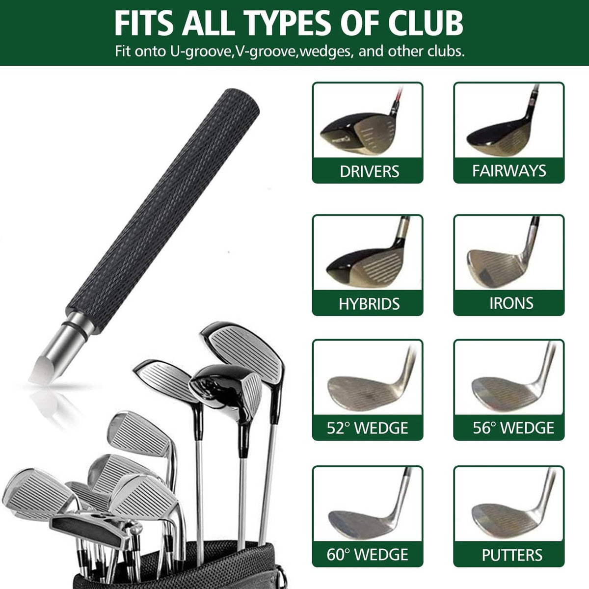 Golf groove cleaning brush for club heads: drivers, fairways, irons, wedges, putters