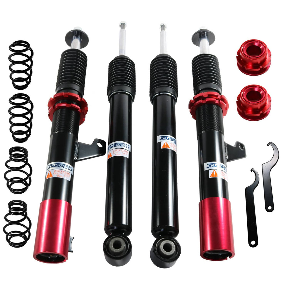 Coilover strut set with black shocks, red collars, and black front rear springs