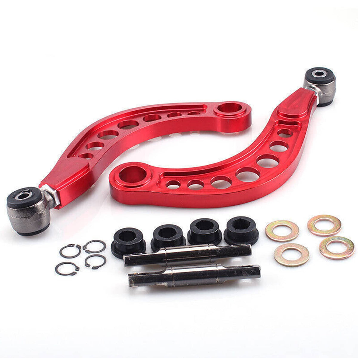 Red adjustable rear upper camber control arms kit with mounting hardware and bushings