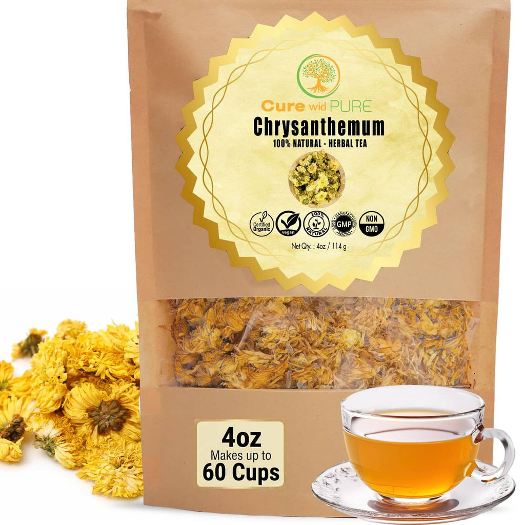 Cure wid PURE organic chrysanthemum tea pouch with 4 oz front label