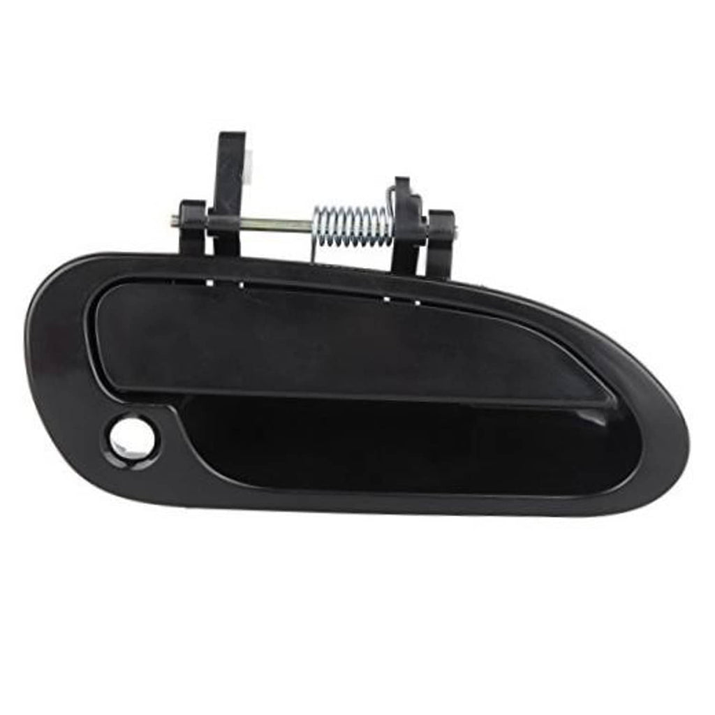 Black exterior door handle with round key hole and black trim, with metal spring mount
