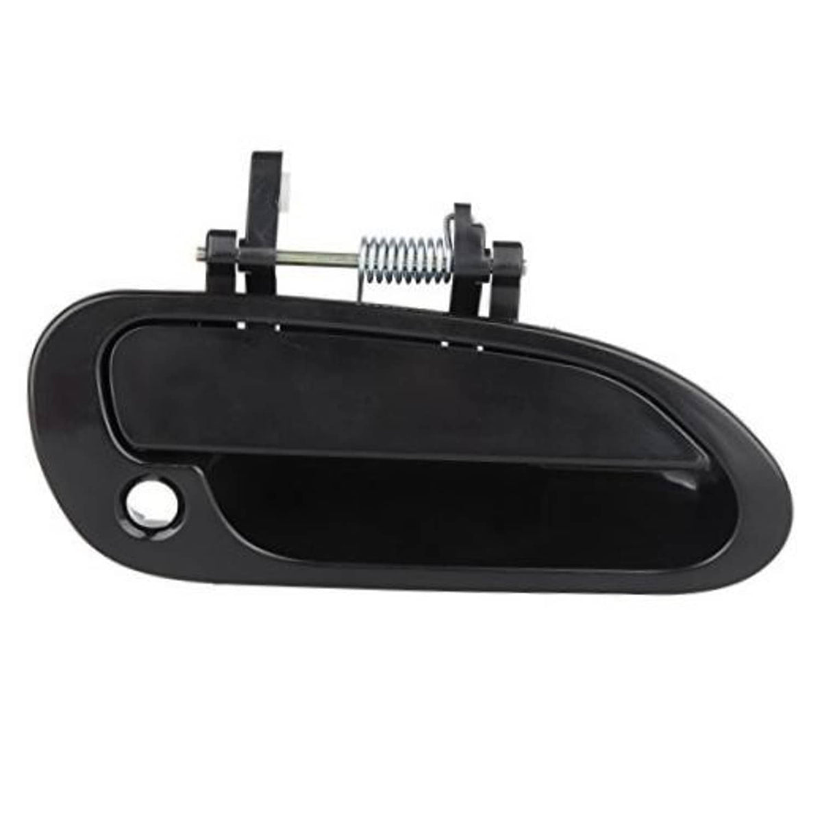 Black exterior door handle with round key hole and black trim, with metal spring mount
