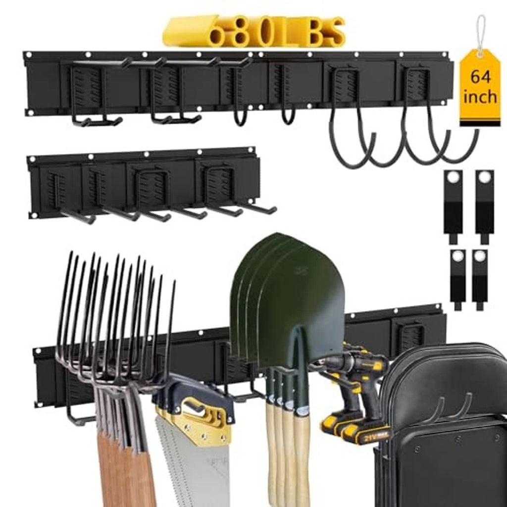 64-inch black wall-mounted tool organizer rack with hooks and strap holders
