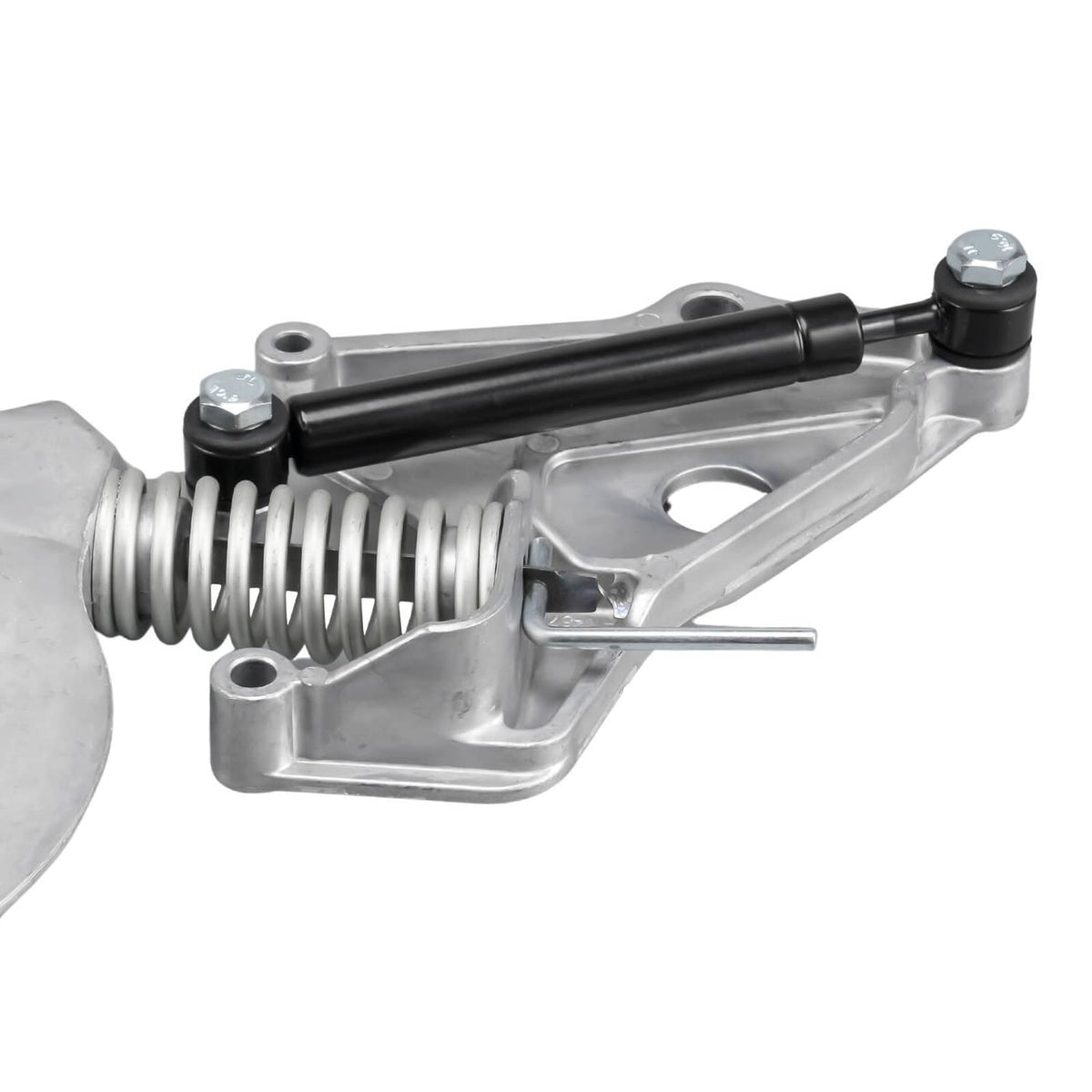 Belt tensioner with black rod, coil spring, and metal pulley bracket