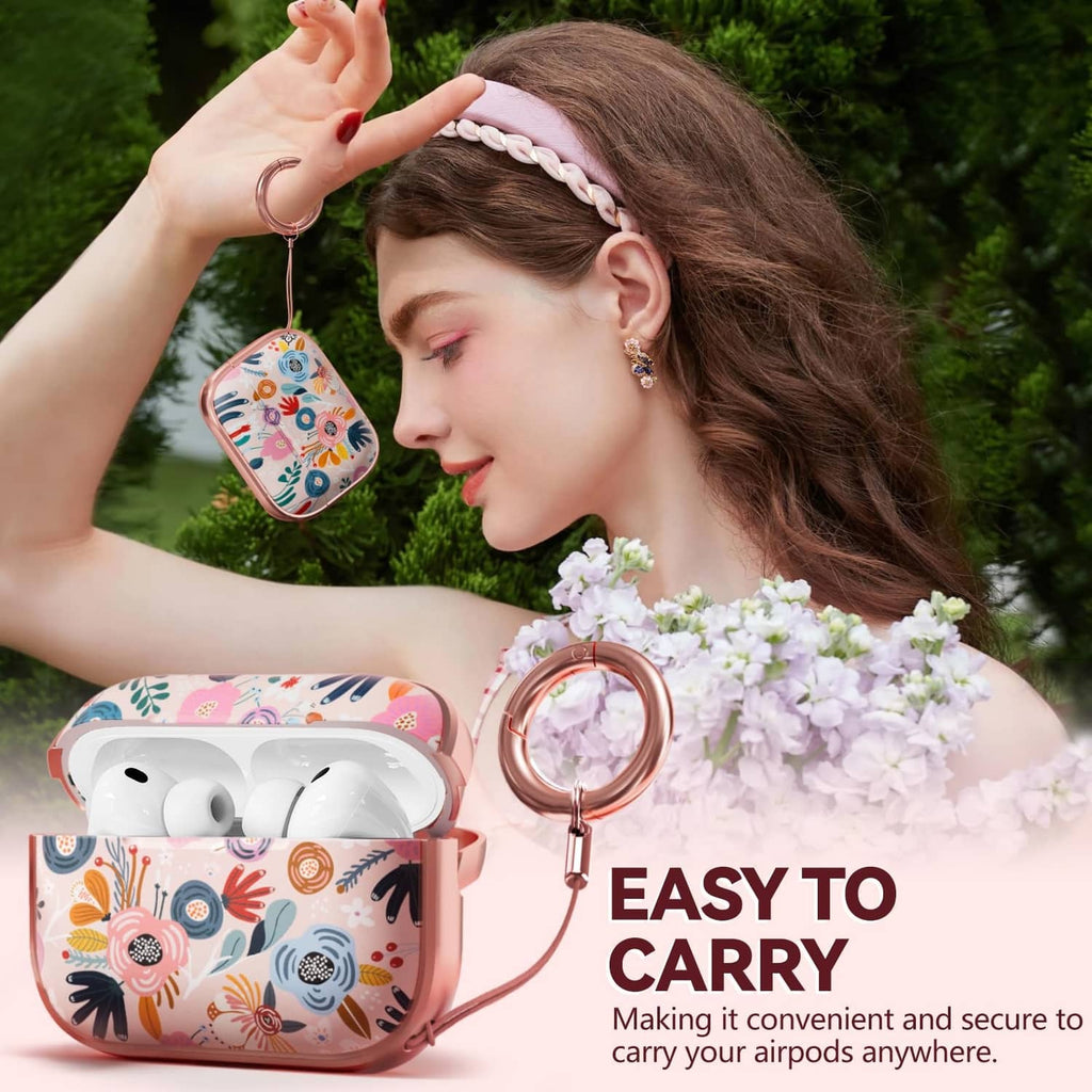 Inesore AirPods Pro case with pink floral print and rose-gold key ring, easy carry