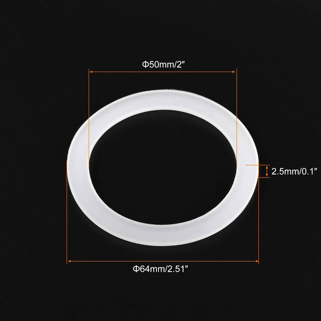 White silicone gasket seal ring, 50mm outer, 64mm inner, 2.5mm thick.