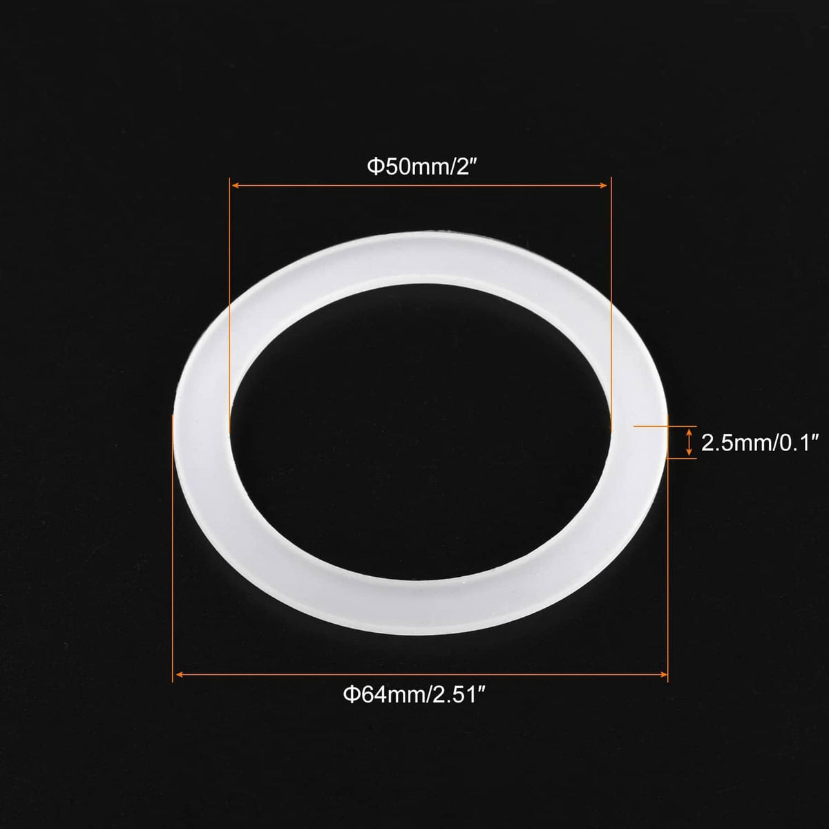 White silicone gasket seal ring, 50mm outer, 64mm inner, 2.5mm thick.