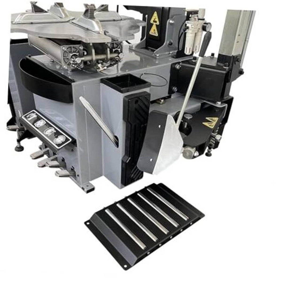 Tire changer base with black slotted ramp and steel mounting frame