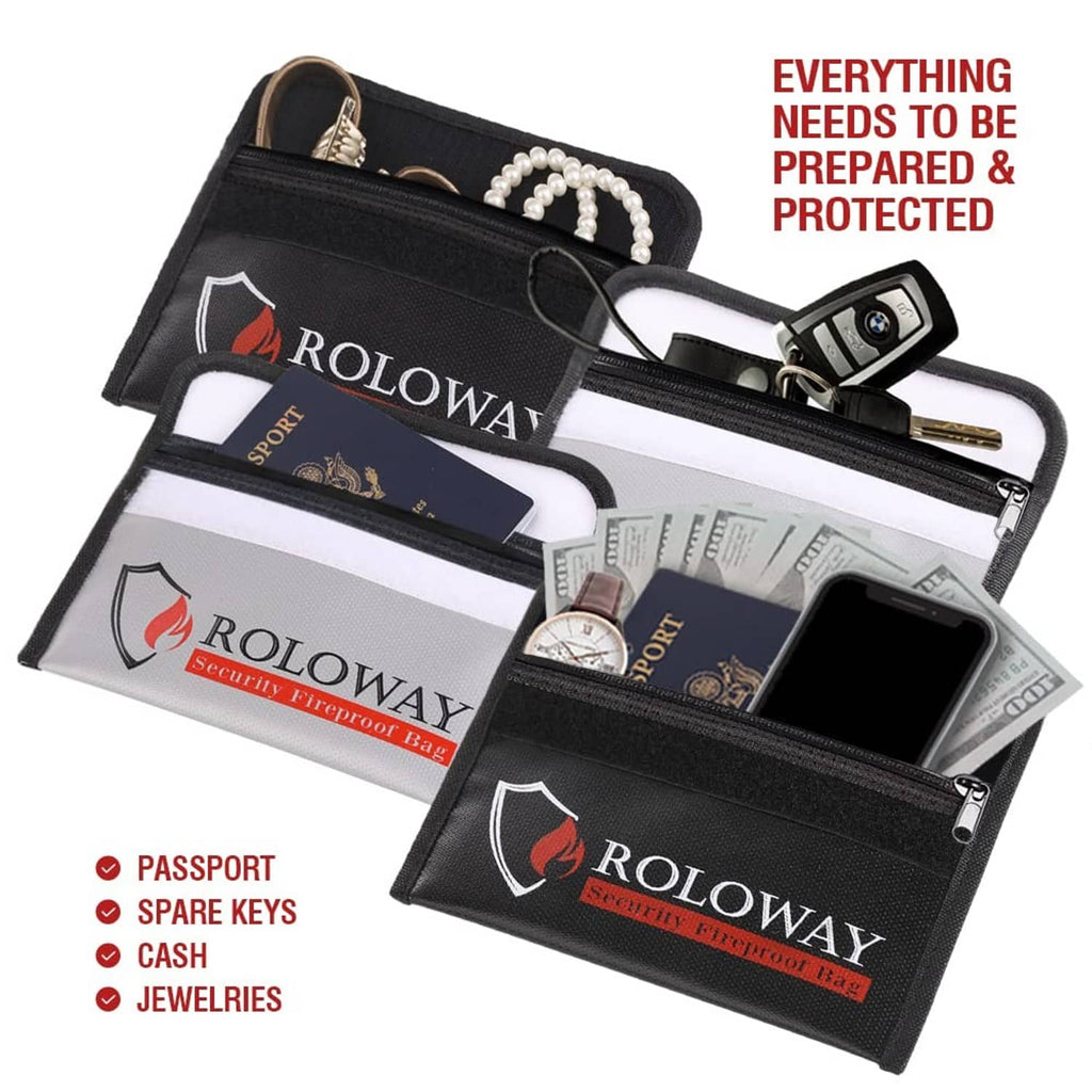 Fireproof money bag with open compartments, black and gray panels with Roloway logos.