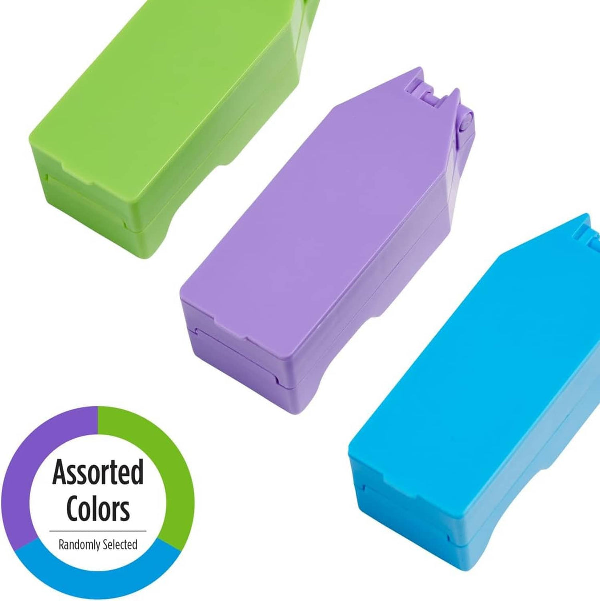 Pill cutter and splitter dispenser in assorted colors: green, purple, and blue
