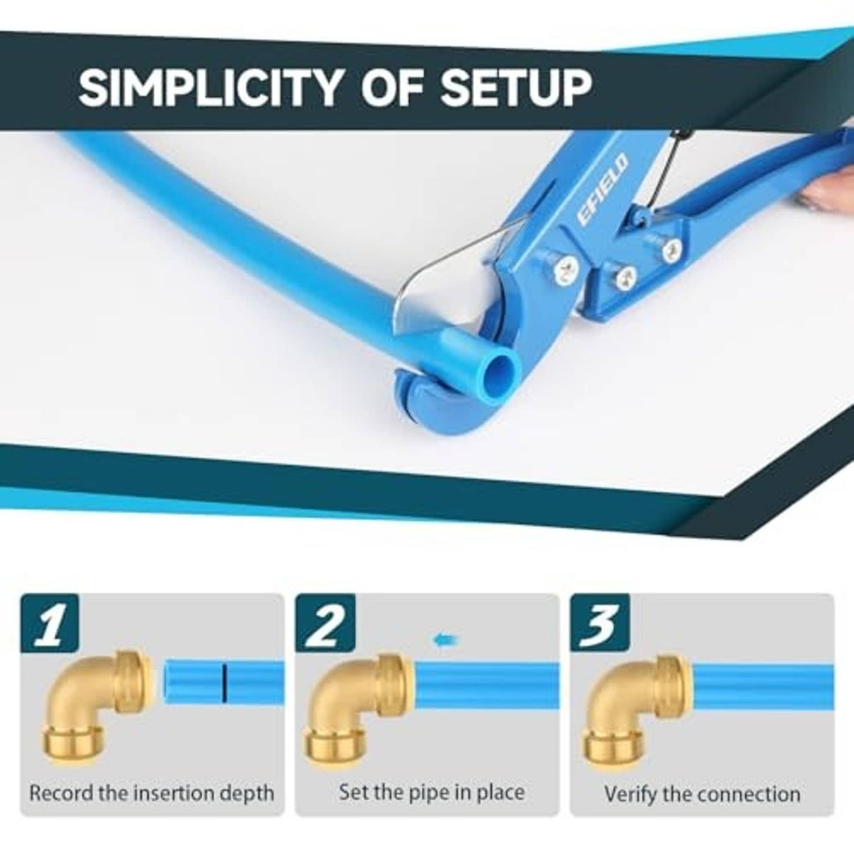 Brass push-fit elbow fitting connecting to a blue PEX pipe, setup steps shown