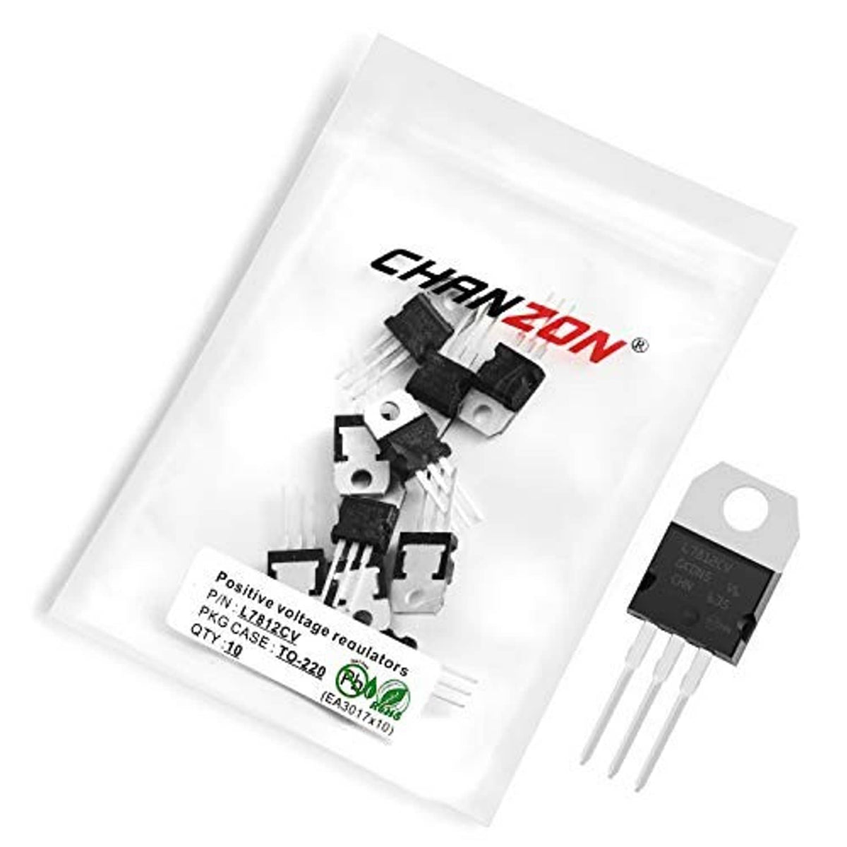 10pcs TO-220 L7812CV fixed 12V regulator ICs in labeled plastic bag, with one loose unit
