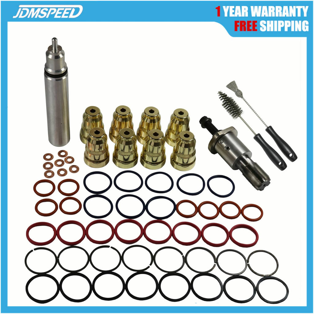 Injector sleeve removal tool kit with brass sleeves, O-rings, and hand tools